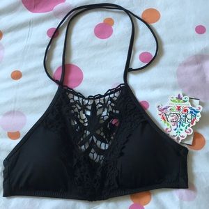 Black halter bathing suit top with lace detail!